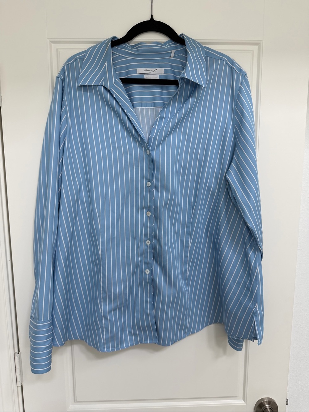 Foxcroft Light Blue and White Pinstripe Button-Down Shirt